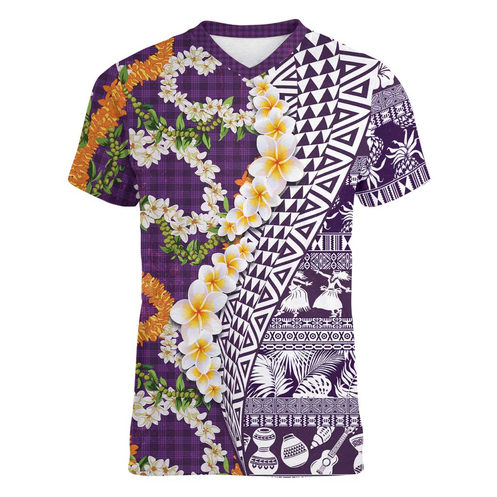 Hawaiian Plumeria Lei Women V-Neck T-Shirt Kakau Motifs and Palaka Half Style Purple Color LT03 Female Purple - Polynesian Pride