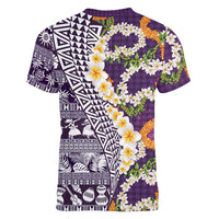 Hawaiian Plumeria Lei Women V-Neck T-Shirt Kakau Motifs and Palaka Half Style Purple Color LT03 - Polynesian Pride