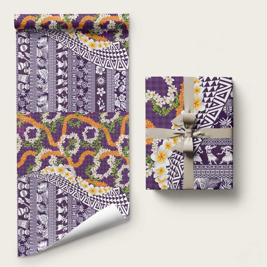 Hawaiian Plumeria Lei Wrapping Paper Kakau Motifs and Palaka Half Style Purple Color LT03 58" × 23" Purple - Polynesian Pride