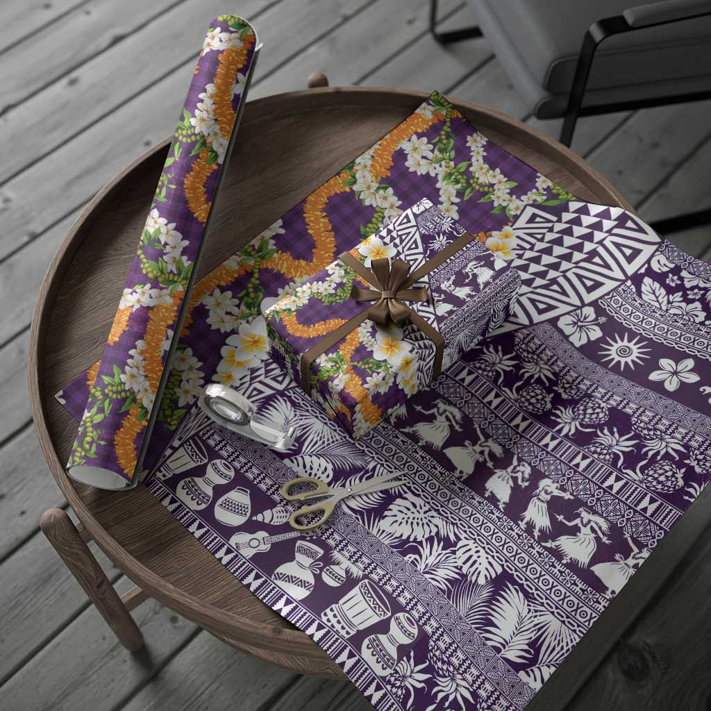 Hawaiian Plumeria Lei Wrapping Paper Kakau Motifs and Palaka Half Style Purple Color LT03 - Polynesian Pride