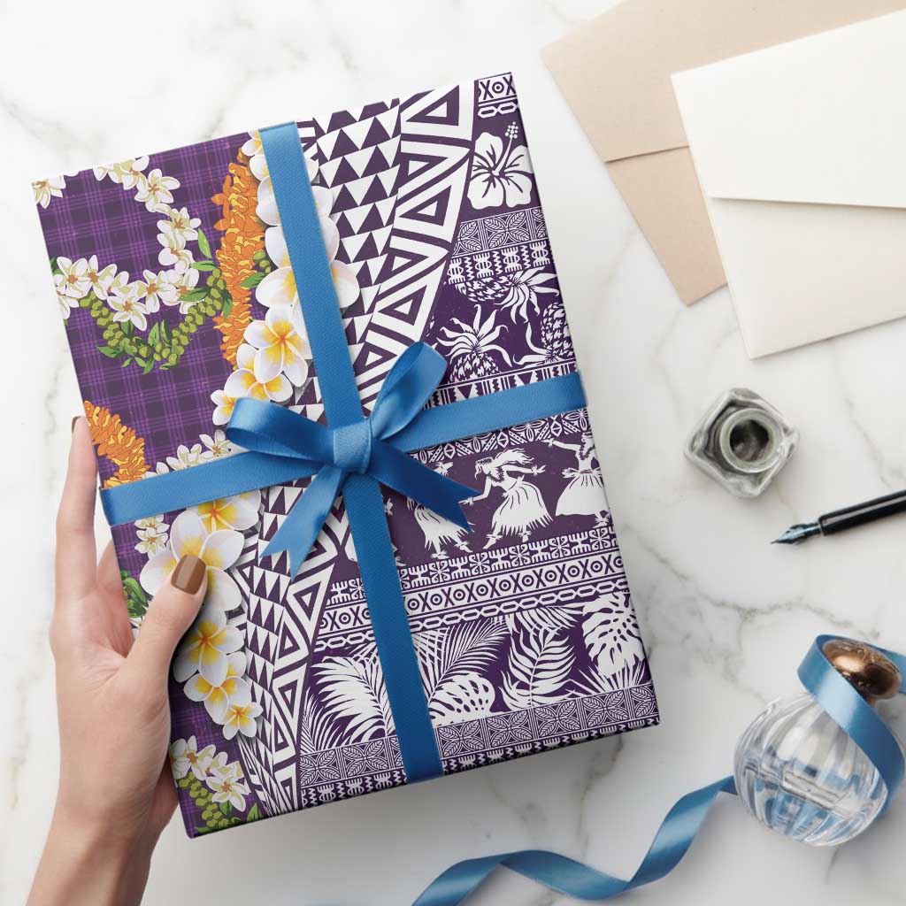 Hawaiian Plumeria Lei Wrapping Paper Kakau Motifs and Palaka Half Style Purple Color LT03 - Polynesian Pride
