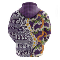 Hawaiian Plumeria Lei Zip Hoodie Kakau Motifs and Palaka Half Style Purple Color LT03 - Polynesian Pride
