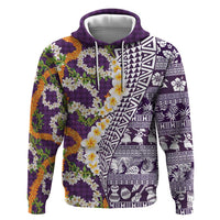 Hawaiian Plumeria Lei Zip Hoodie Kakau Motifs and Palaka Half Style Purple Color LT03 Pullover Hoodie Purple - Polynesian Pride