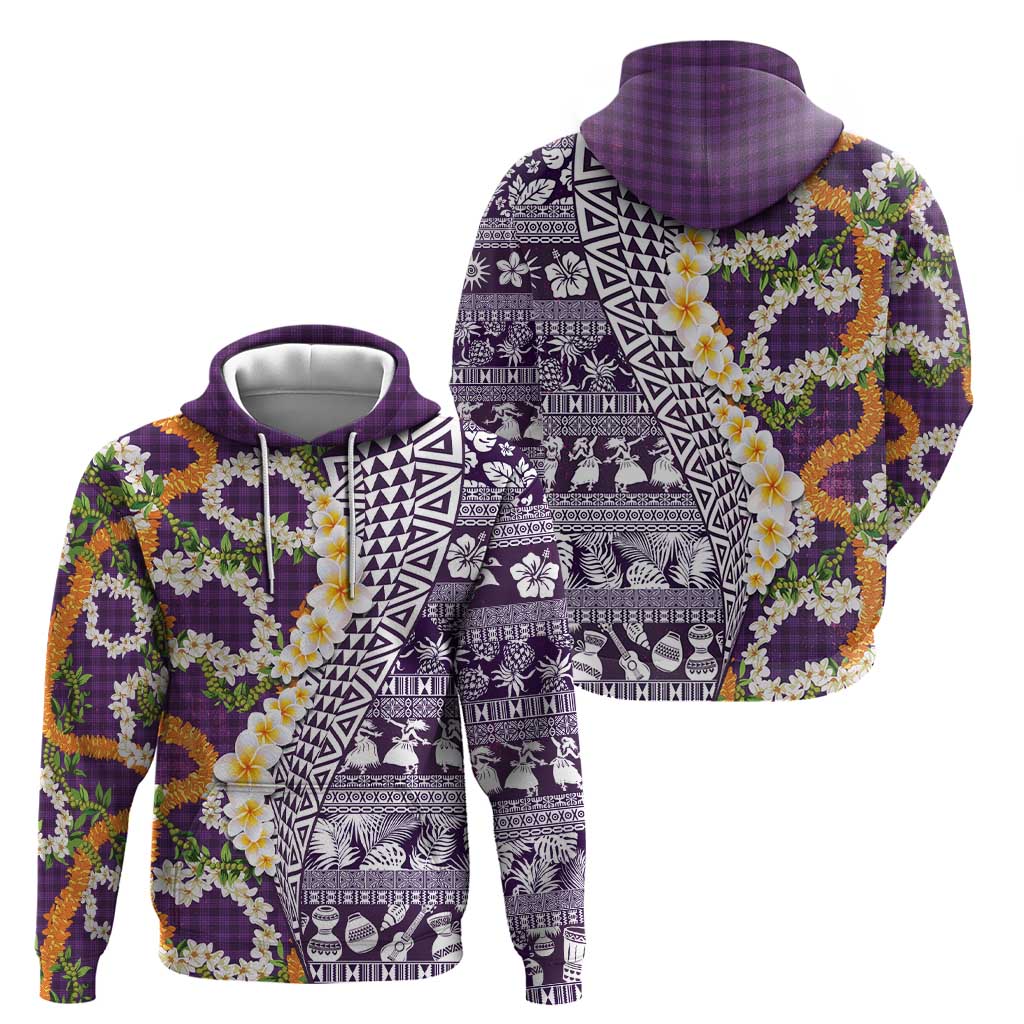 Hawaiian Plumeria Lei Zip Hoodie Kakau Motifs and Palaka Half Style Purple Color LT03 - Polynesian Pride