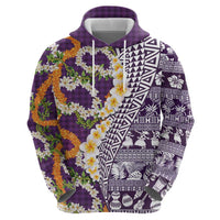 Hawaiian Plumeria Lei Zip Hoodie Kakau Motifs and Palaka Half Style Purple Color LT03 - Polynesian Pride