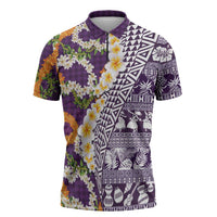 Hawaiian Plumeria Lei Zipper Polo Shirt Kakau Motifs and Palaka Half Style Purple Color LT03 Purple - Polynesian Pride
