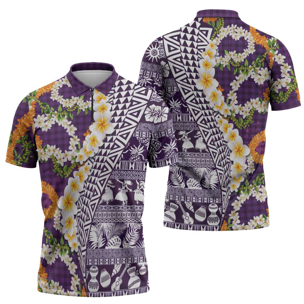 Hawaiian Plumeria Lei Zipper Polo Shirt Kakau Motifs and Palaka Half Style Purple Color LT03 - Polynesian Pride