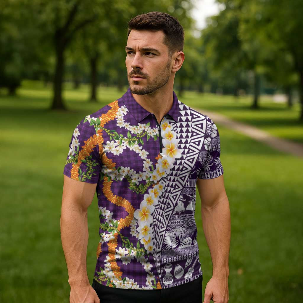 Hawaiian Plumeria Lei Zipper Polo Shirt Kakau Motifs and Palaka Half Style Purple Color LT03 - Polynesian Pride