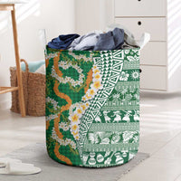 Hawaiian Plumeria Lei Laundry Basket Kakau Motifs and Palaka Half Style Green Color LT03 Green - Polynesian Pride