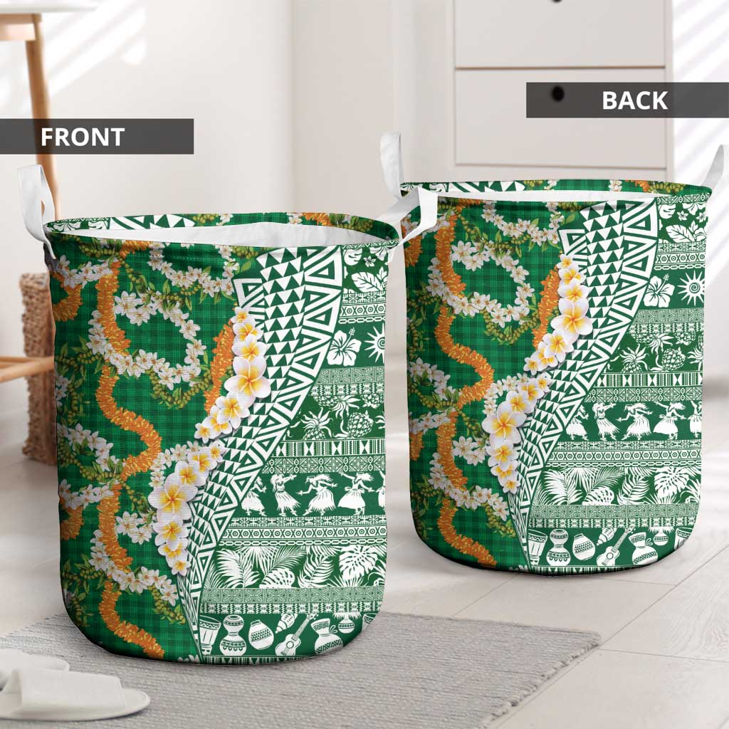Hawaiian Plumeria Lei Laundry Basket Kakau Motifs and Palaka Half Style Green Color LT03 - Polynesian Pride