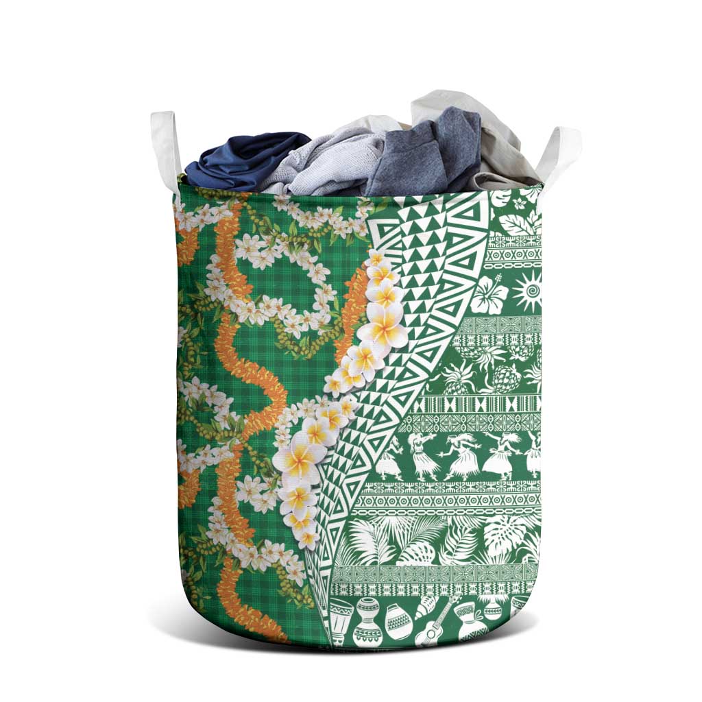 Hawaiian Plumeria Lei Laundry Basket Kakau Motifs and Palaka Half Style Green Color LT03 - Polynesian Pride