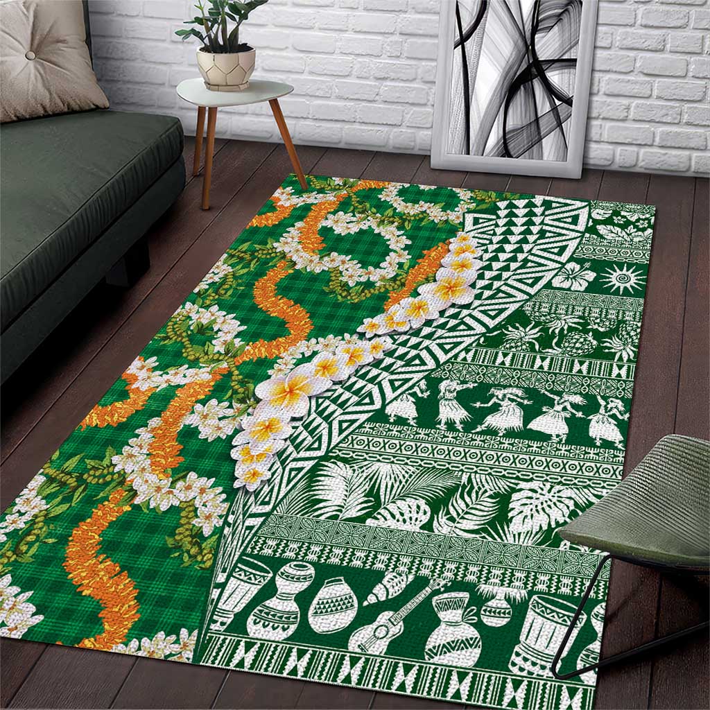 Hawaiian Plumeria Lei Area Rug Kakau Motifs and Palaka Half Style Green Color LT03 Green - Polynesian Pride