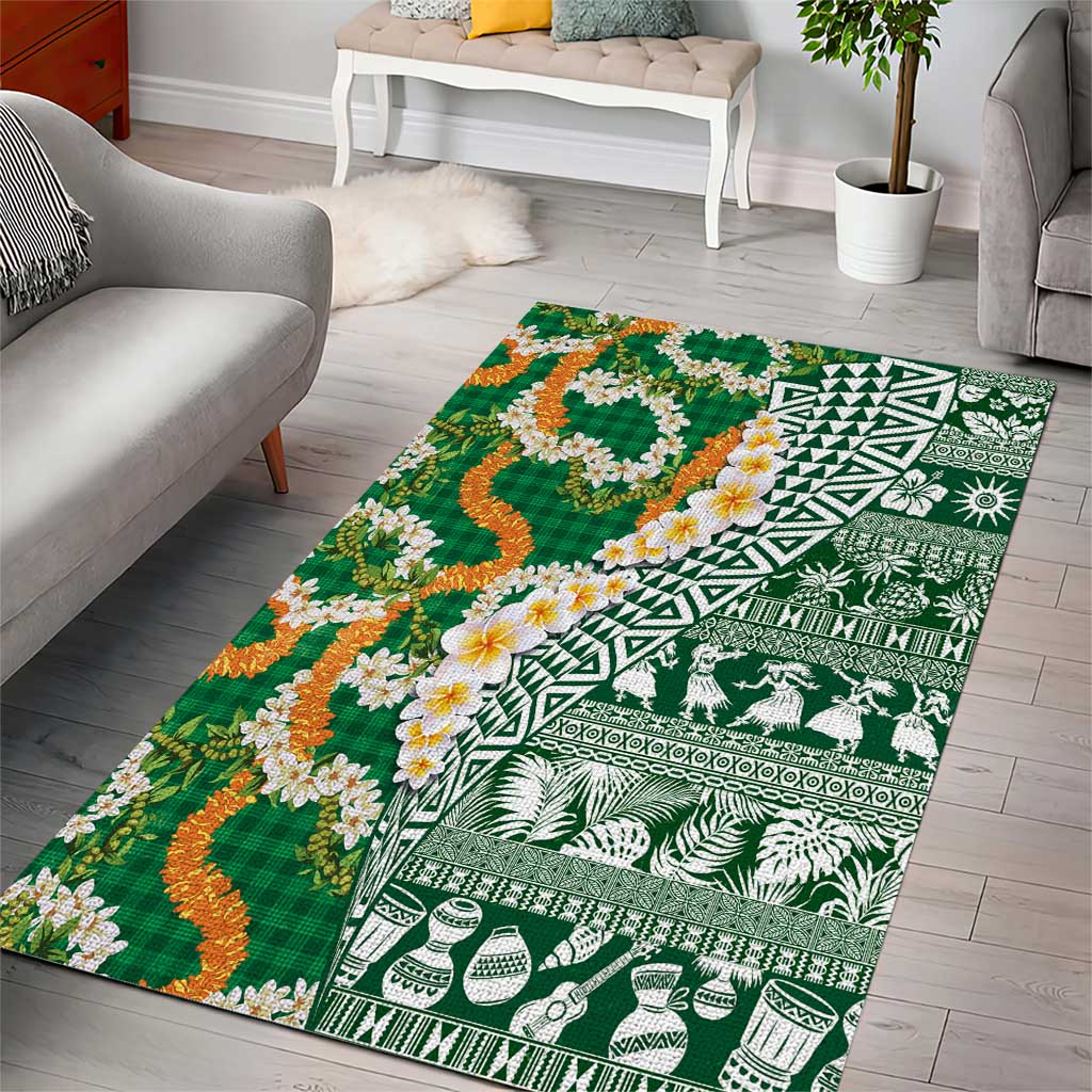 Hawaiian Plumeria Lei Area Rug Kakau Motifs and Palaka Half Style Green Color LT03 - Polynesian Pride