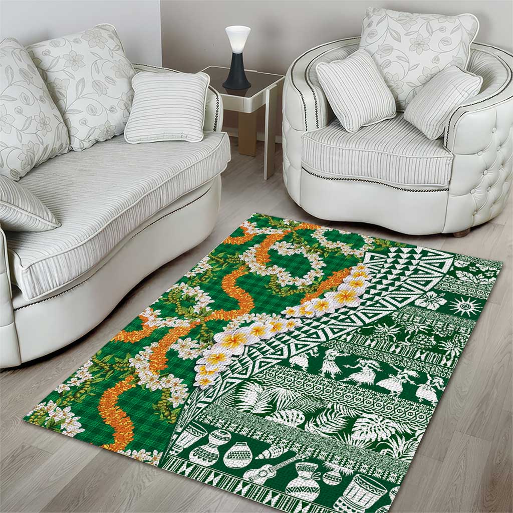 Hawaiian Plumeria Lei Area Rug Kakau Motifs and Palaka Half Style Green Color LT03 - Polynesian Pride