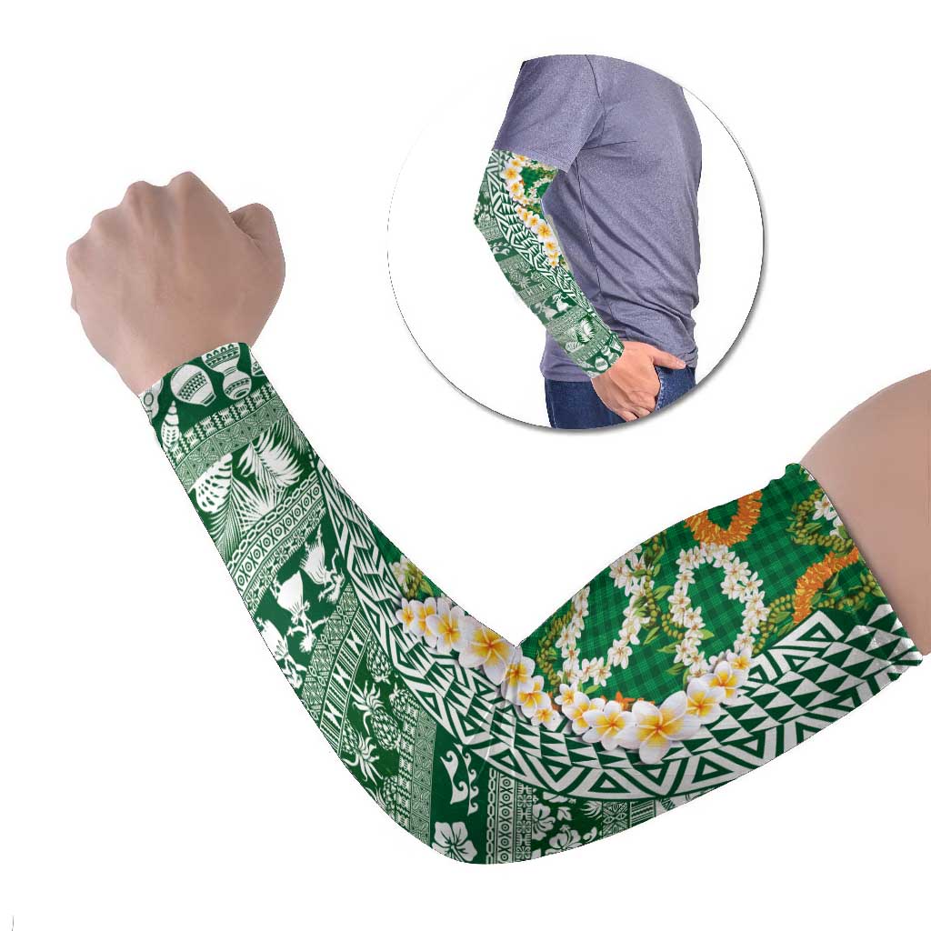 Hawaiian Plumeria Lei Arm Sleeves Kakau Motifs and Palaka Half Style Green Color LT03 Set of 2 Green - Polynesian Pride