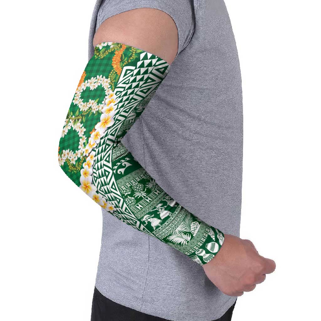 Hawaiian Plumeria Lei Arm Sleeves Kakau Motifs and Palaka Half Style Green Color LT03 - Polynesian Pride