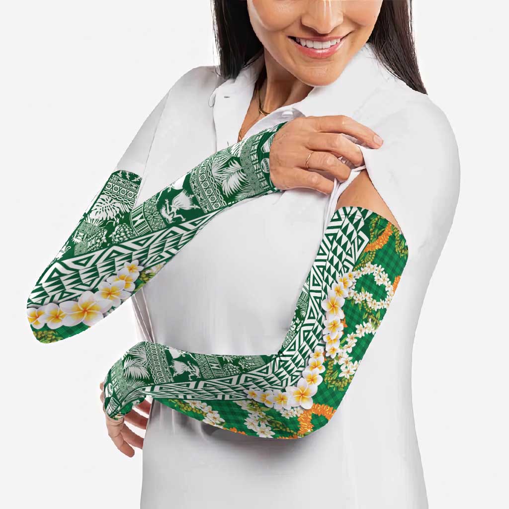 Hawaiian Plumeria Lei Arm Sleeves Kakau Motifs and Palaka Half Style Green Color LT03 - Polynesian Pride