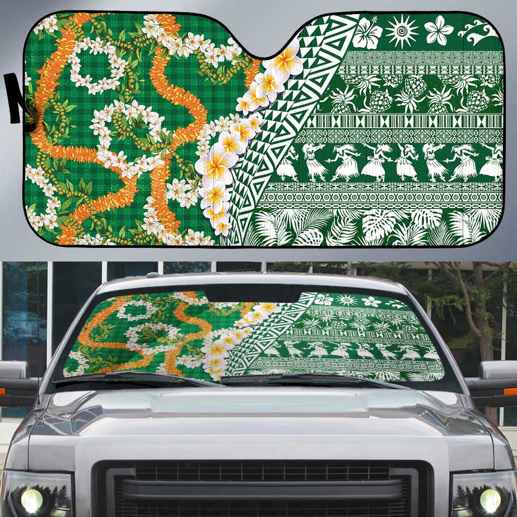 Hawaiian Plumeria Lei Auto Sun Shade Kakau Motifs and Palaka Half Style Green Color LT03 Green - Polynesian Pride