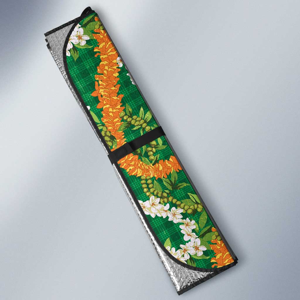 Hawaiian Plumeria Lei Auto Sun Shade Kakau Motifs and Palaka Half Style Green Color LT03 - Polynesian Pride