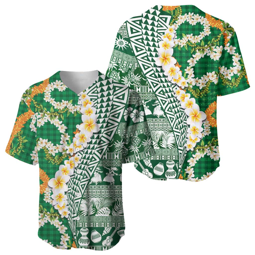 Hawaiian Plumeria Lei Baseball Jersey Kakau Motifs and Palaka Half Style Green Color LT03 - Polynesian Pride