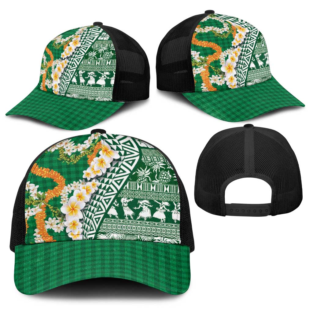 Hawaiian Plumeria Lei Baseball Net Cap Kakau Motifs and Palaka Half Style Green Color - Polynesian Pride