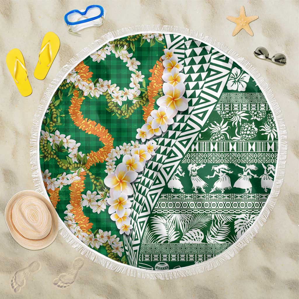 Hawaiian Plumeria Lei Beach Blanket Kakau Motifs and Palaka Half Style Green Color LT03 One Size 150cm Green - Polynesian Pride
