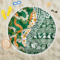 Hawaiian Plumeria Lei Beach Blanket Kakau Motifs and Palaka Half Style Green Color LT03 One Size 150cm Green - Polynesian Pride