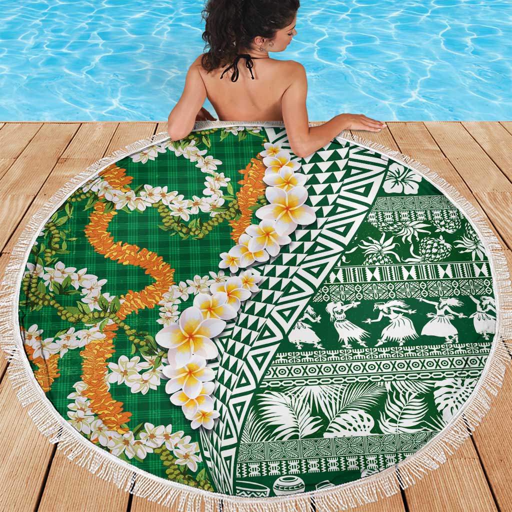 Hawaiian Plumeria Lei Beach Blanket Kakau Motifs and Palaka Half Style Green Color LT03 - Polynesian Pride