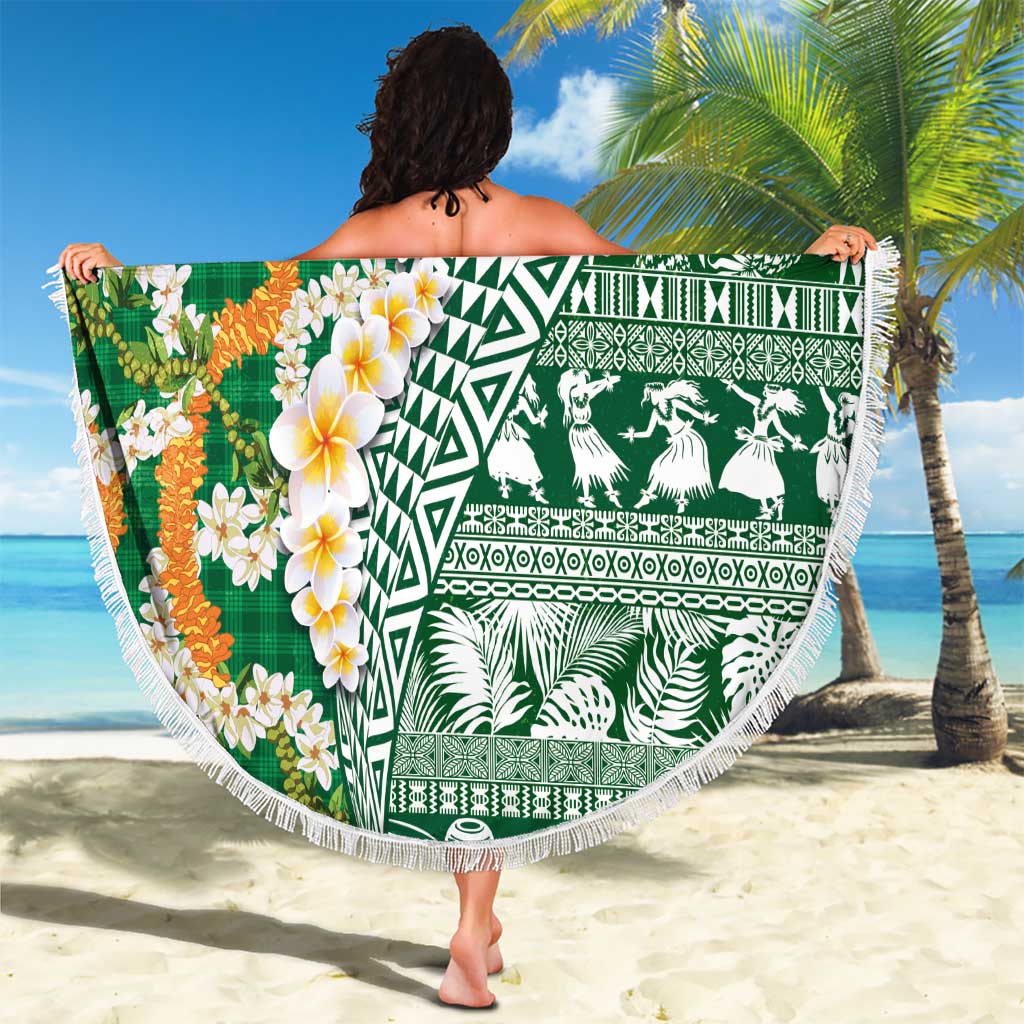 Hawaiian Plumeria Lei Beach Blanket Kakau Motifs and Palaka Half Style Green Color LT03 - Polynesian Pride