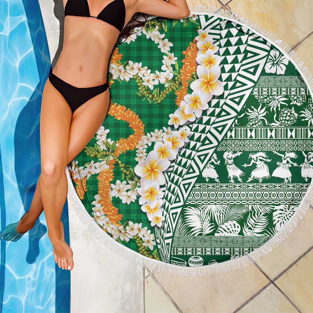 Hawaiian Plumeria Lei Beach Blanket Kakau Motifs and Palaka Half Style Green Color LT03 - Polynesian Pride