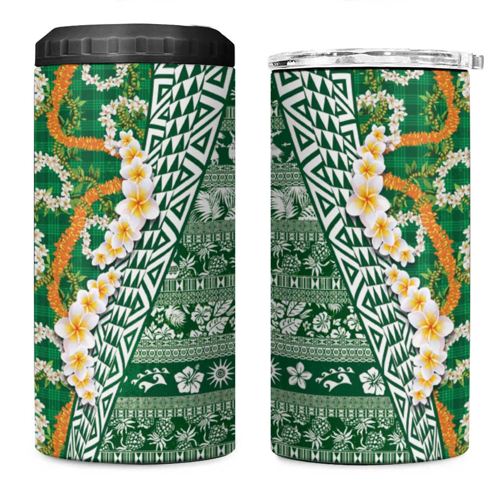 Hawaiian Plumeria Lei 4 in 1 Can Cooler Tumbler Kakau Motifs and Palaka Half Style Green Color LT03 One Size: 16 oz Green - Polynesian Pride