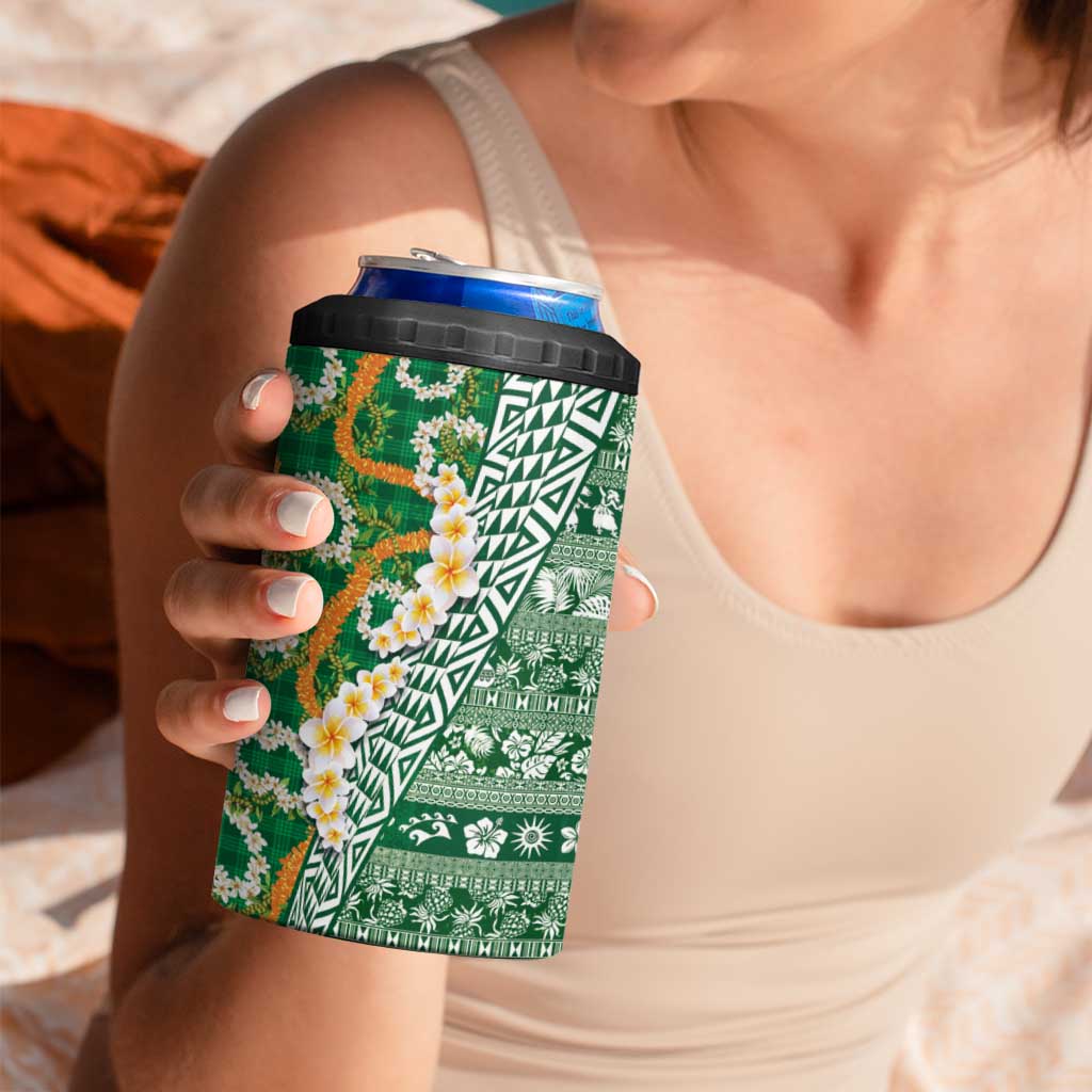 Hawaiian Plumeria Lei 4 in 1 Can Cooler Tumbler Kakau Motifs and Palaka Half Style Green Color LT03 - Polynesian Pride