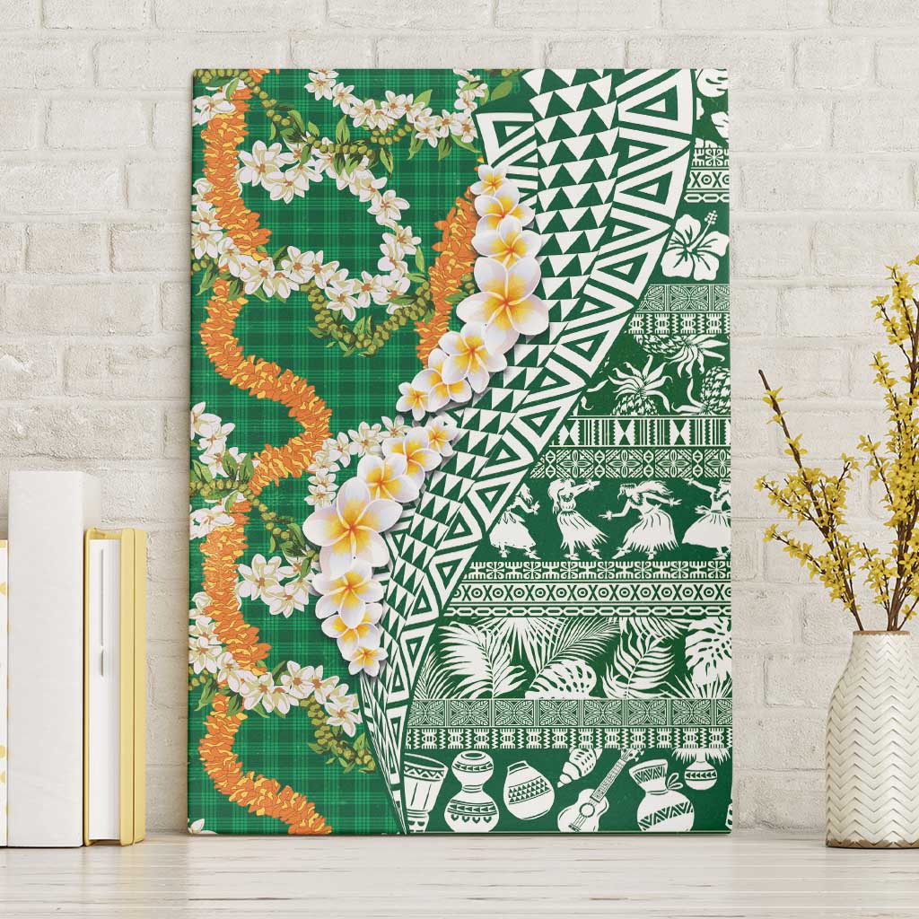 Hawaiian Plumeria Lei Canvas Wall Art Kakau Motifs and Palaka Half Style Green Color LT03 Without Frame Green - Polynesian Pride