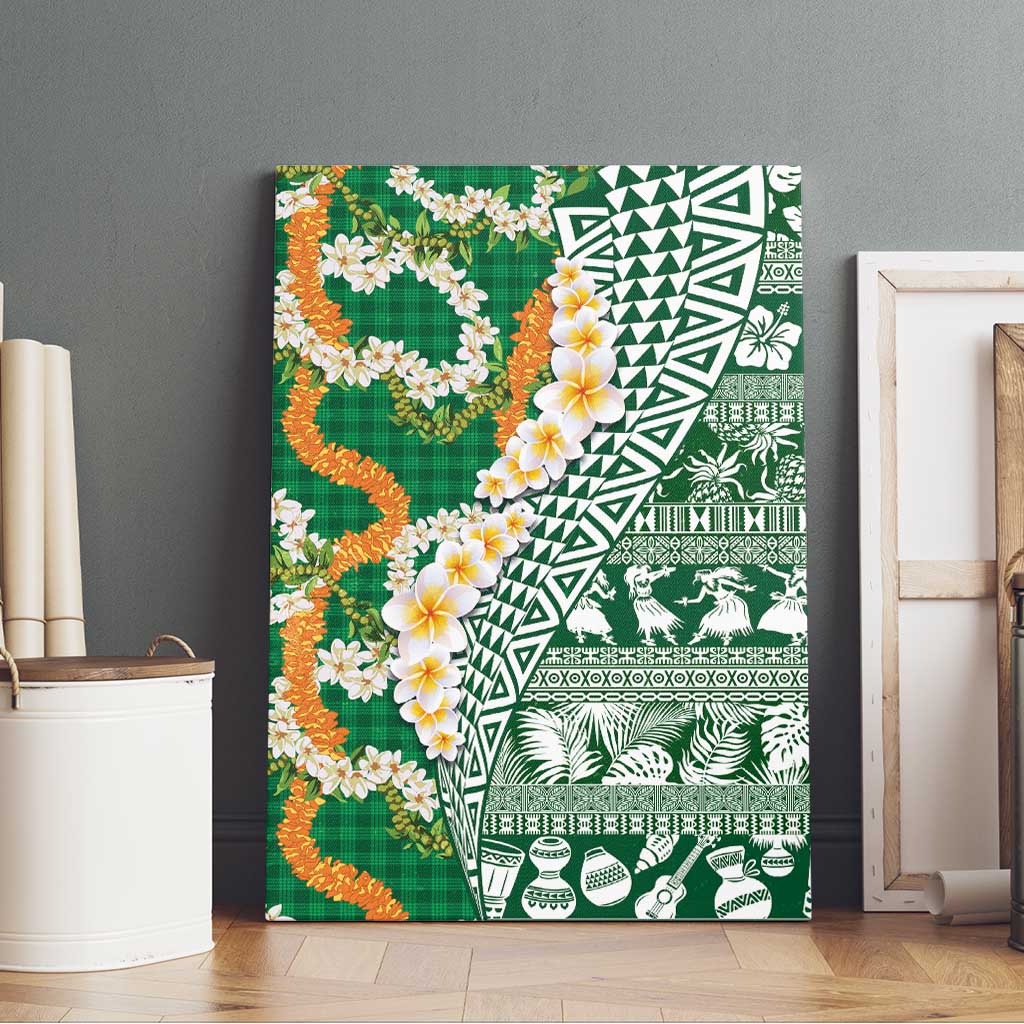 Hawaiian Plumeria Lei Canvas Wall Art Kakau Motifs and Palaka Half Style Green Color LT03 - Polynesian Pride