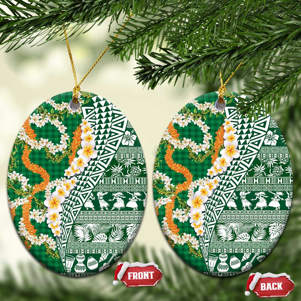 Hawaiian Plumeria Lei Ceramic Ornament Kakau Motifs and Palaka Half Style Green Color LT03 Oval Green - Polynesian Pride