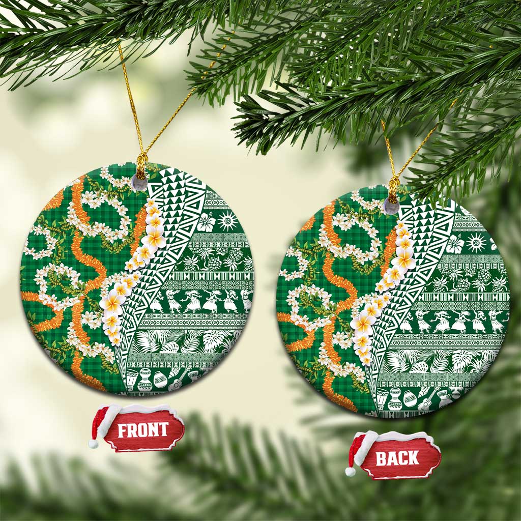 Hawaiian Plumeria Lei Ceramic Ornament Kakau Motifs and Palaka Half Style Green Color LT03 Circle Green - Polynesian Pride
