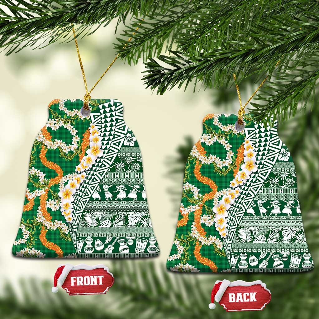 Hawaiian Plumeria Lei Ceramic Ornament Kakau Motifs and Palaka Half Style Green Color LT03 Bell Flake Green - Polynesian Pride