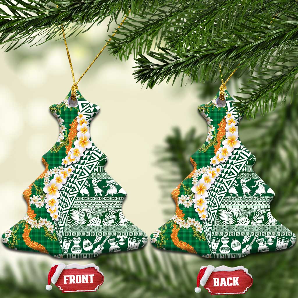 Hawaiian Plumeria Lei Ceramic Ornament Kakau Motifs and Palaka Half Style Green Color LT03 Christmas Tree Green - Polynesian Pride