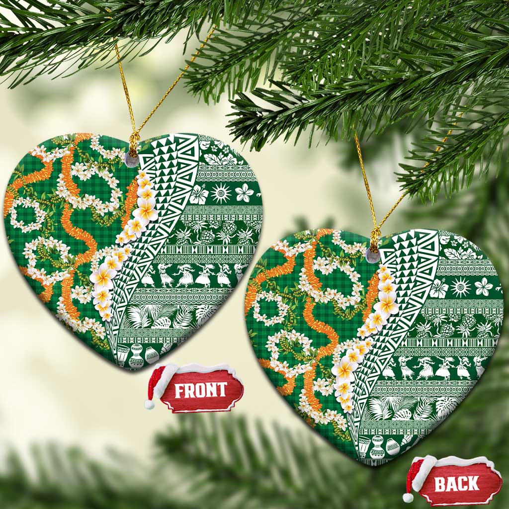 Hawaiian Plumeria Lei Ceramic Ornament Kakau Motifs and Palaka Half Style Green Color LT03 Heart Green - Polynesian Pride