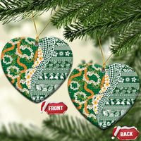 Hawaiian Plumeria Lei Ceramic Ornament Kakau Motifs and Palaka Half Style Green Color LT03 Heart Green - Polynesian Pride