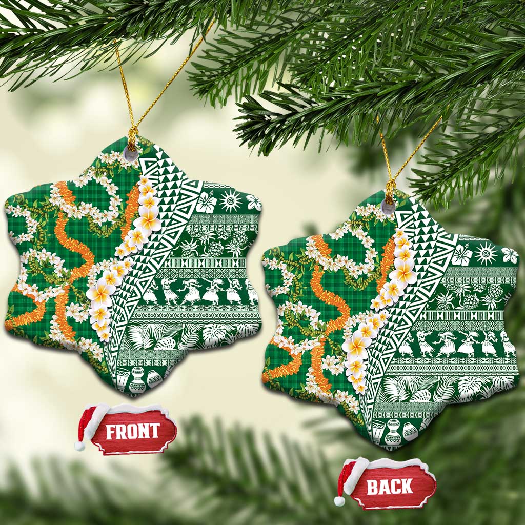 Hawaiian Plumeria Lei Ceramic Ornament Kakau Motifs and Palaka Half Style Green Color LT03 Snow Flake Green - Polynesian Pride