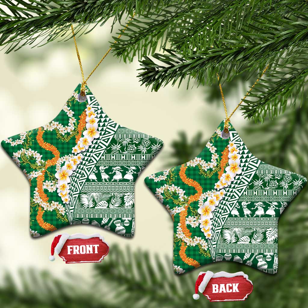 Hawaiian Plumeria Lei Ceramic Ornament Kakau Motifs and Palaka Half Style Green Color LT03 Star Green - Polynesian Pride