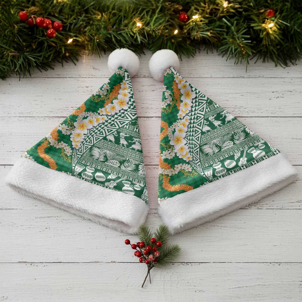Hawaiian Plumeria Lei Christmas Santa Hat Kakau Motifs and Palaka Half Style Green Color LT03 - Polynesian Pride