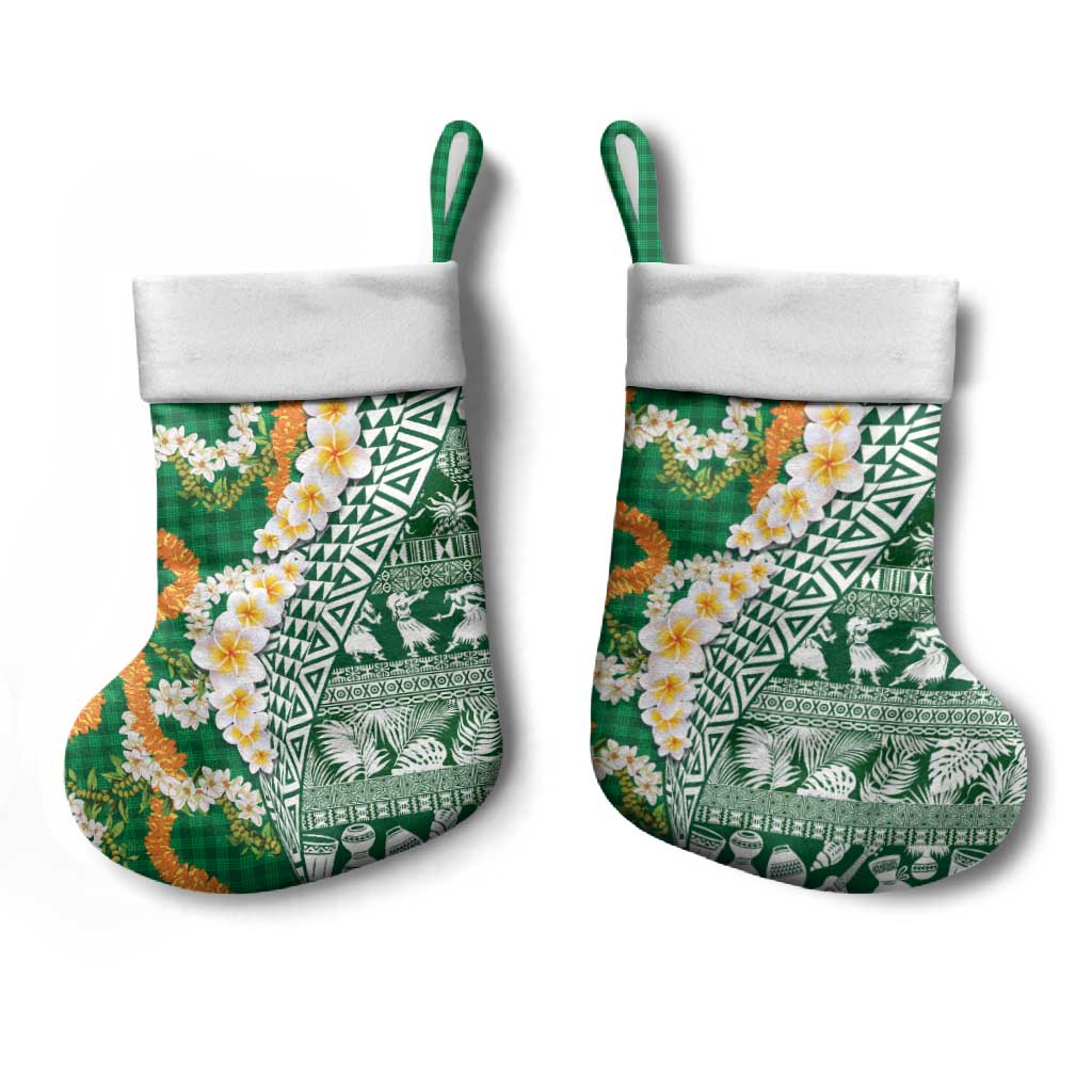 Hawaiian Plumeria Lei Christmas Stocking Kakau Motifs and Palaka Half Style Green Color LT03 - Polynesian Pride