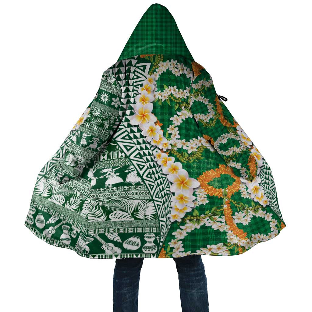 Hawaiian Plumeria Lei Cloak Kakau Motifs and Palaka Half Style Green Color LT03 Unisex Green - Polynesian Pride