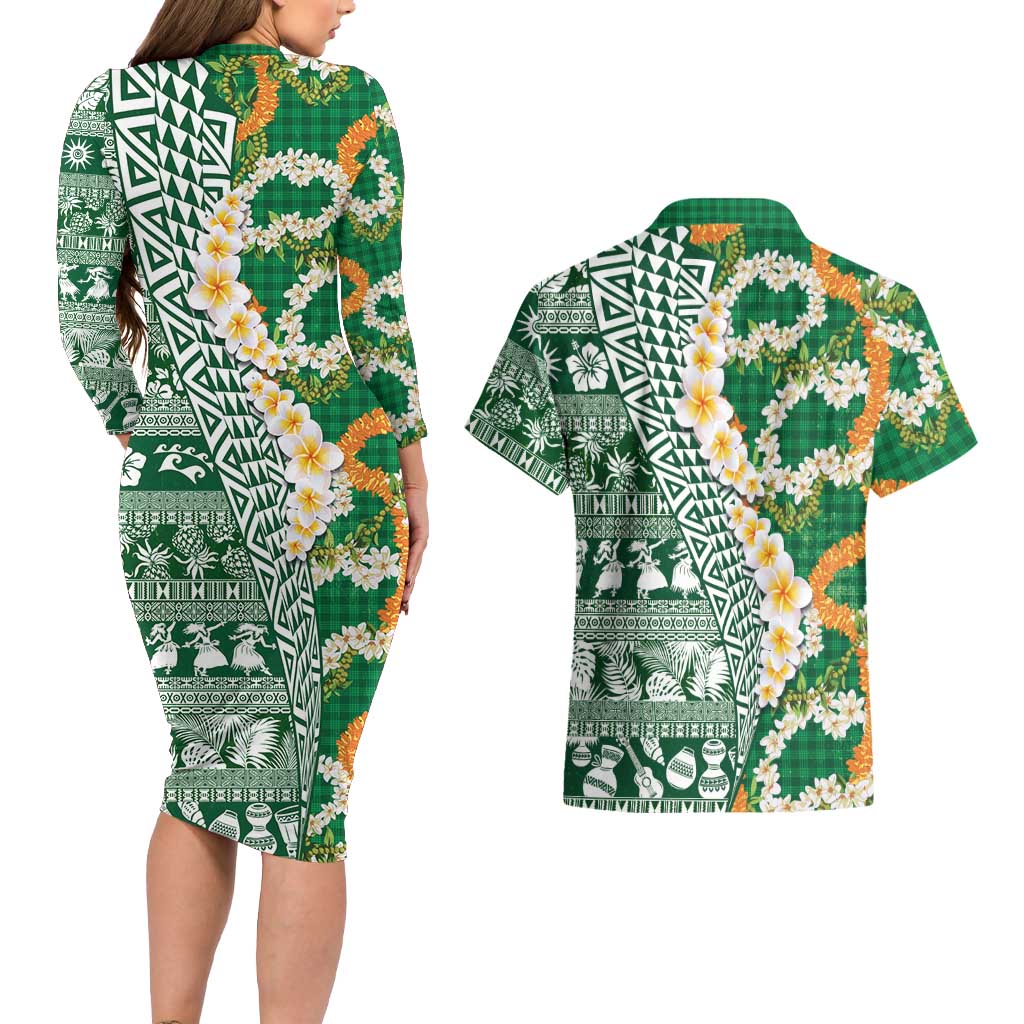 Hawaiian Plumeria Lei Couples Matching Long Sleeve Bodycon Dress and Hawaiian Shirt Kakau Motifs and Palaka Half Style Green Color LT03 - Polynesian Pride