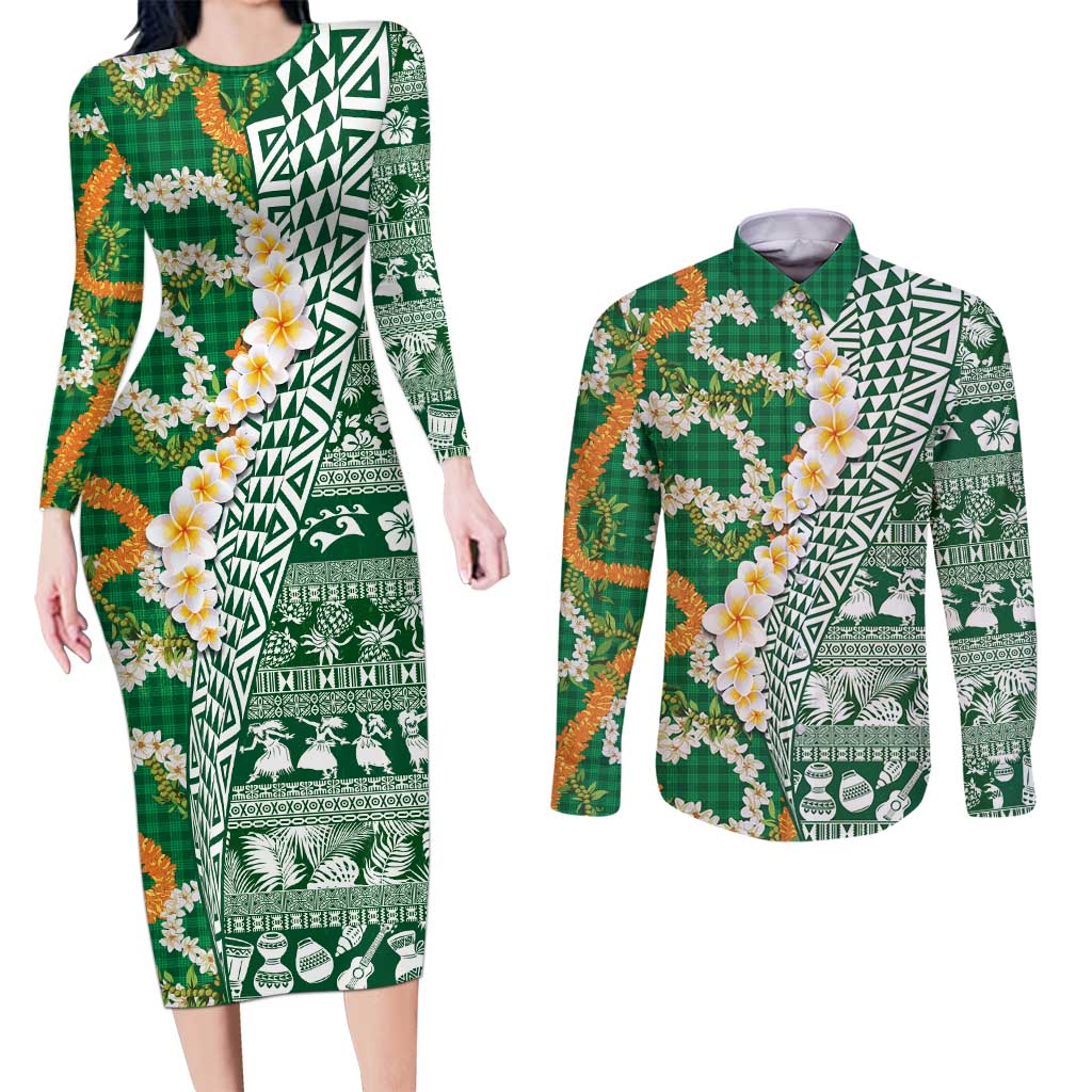 Hawaiian Plumeria Lei Couples Matching Long Sleeve Bodycon Dress and Long Sleeve Button Shirt Kakau Motifs and Palaka Half Style Green Color LT03 Green - Polynesian Pride