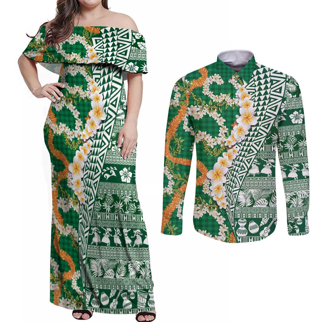 Hawaiian Plumeria Lei Couples Matching Off Shoulder Maxi Dress and Long Sleeve Button Shirt Kakau Motifs and Palaka Half Style Green Color LT03 Green - Polynesian Pride