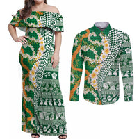 Hawaiian Plumeria Lei Couples Matching Off Shoulder Maxi Dress and Long Sleeve Button Shirt Kakau Motifs and Palaka Half Style Green Color LT03 Green - Polynesian Pride