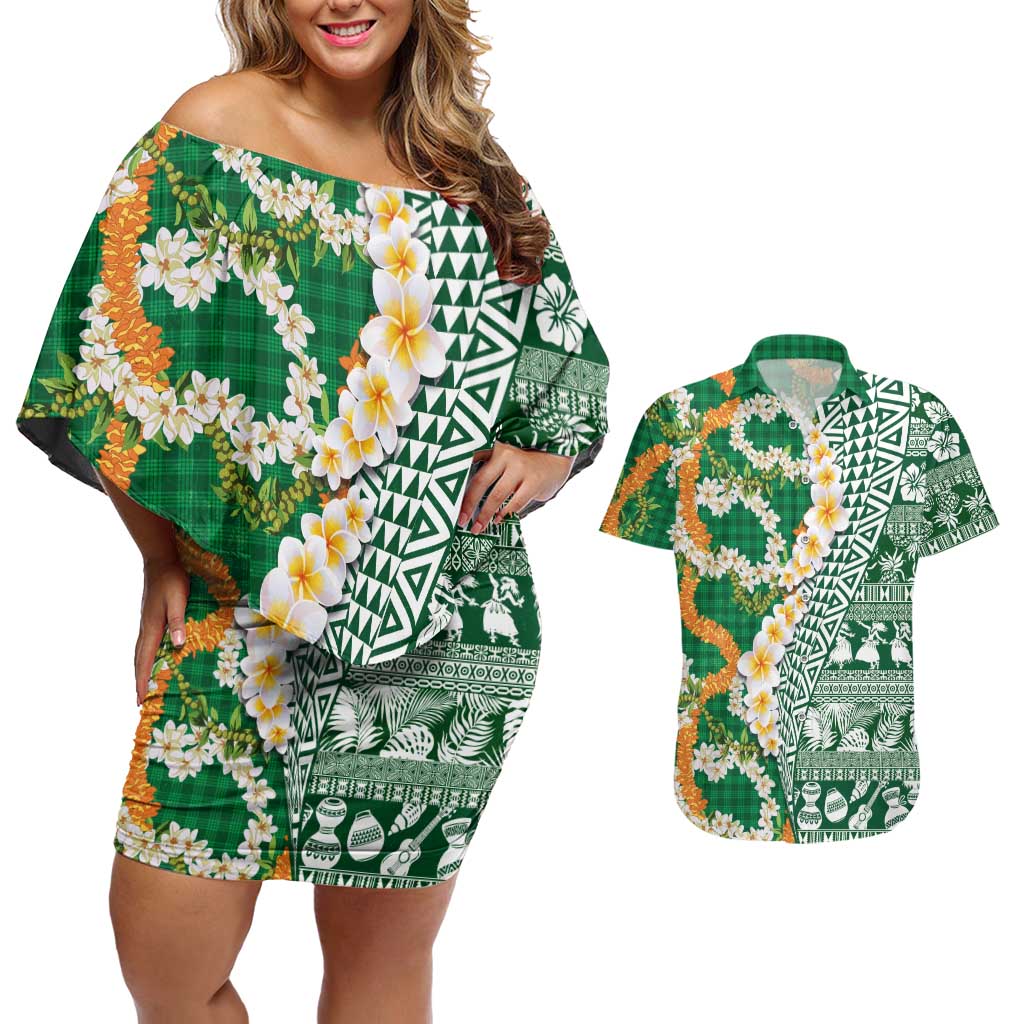 Hawaiian Plumeria Lei Couples Matching Off Shoulder Short Dress and Hawaiian Shirt Kakau Motifs and Palaka Half Style Green Color LT03 Green - Polynesian Pride